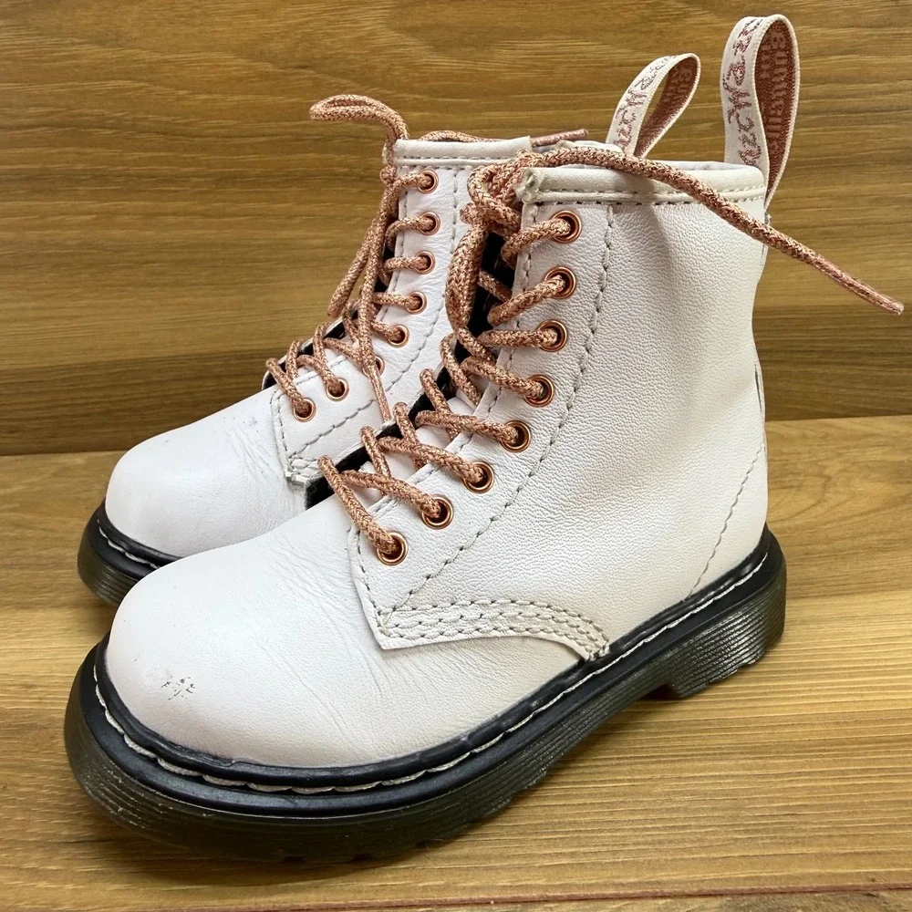 Dr Martens Combat Boots Toddler‎ Girls 7 White Lace Up Rose Gold